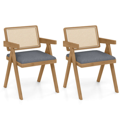 Juego de 2 sillas decorativas de ratán con cojín acolchado y estructura de madera de caucho - Gris