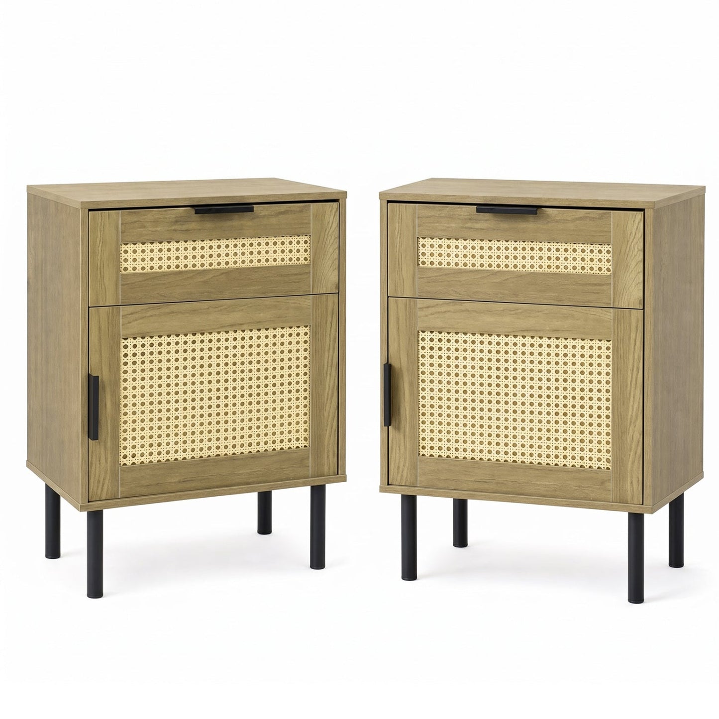 Rattan Nightstand set of 2 with drawer and storage cabinet, natural wood, DirectDeals on Tampa Home & Garden Store