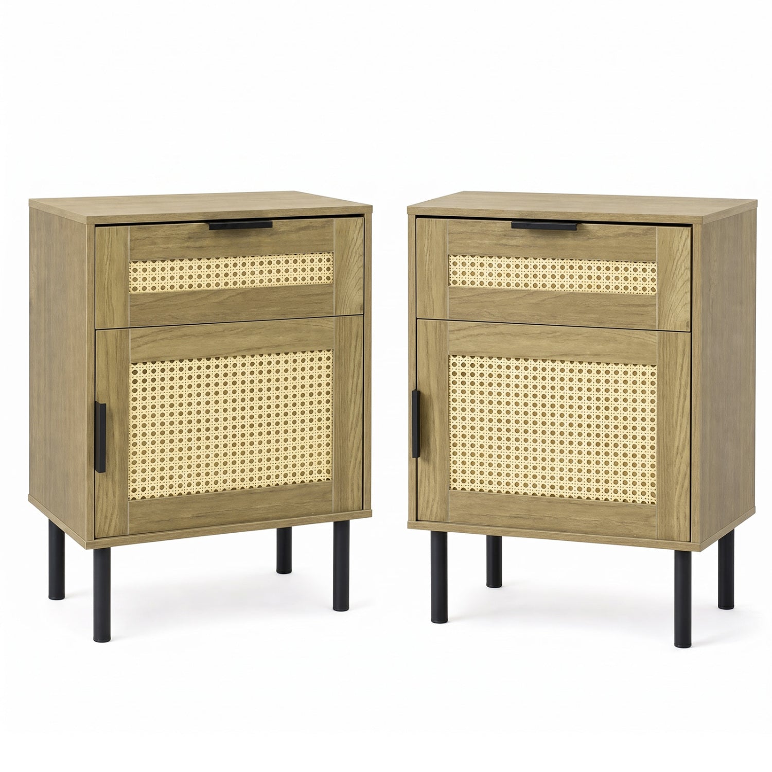 Rattan Nightstand set of 2 with drawer and storage cabinet, natural wood, DirectDeals on Tampa Home & Garden Store