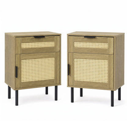 Rattan Nightstand set of 2 with drawer and storage cabinet, natural wood, DirectDeals on Tampa Home & Garden Store