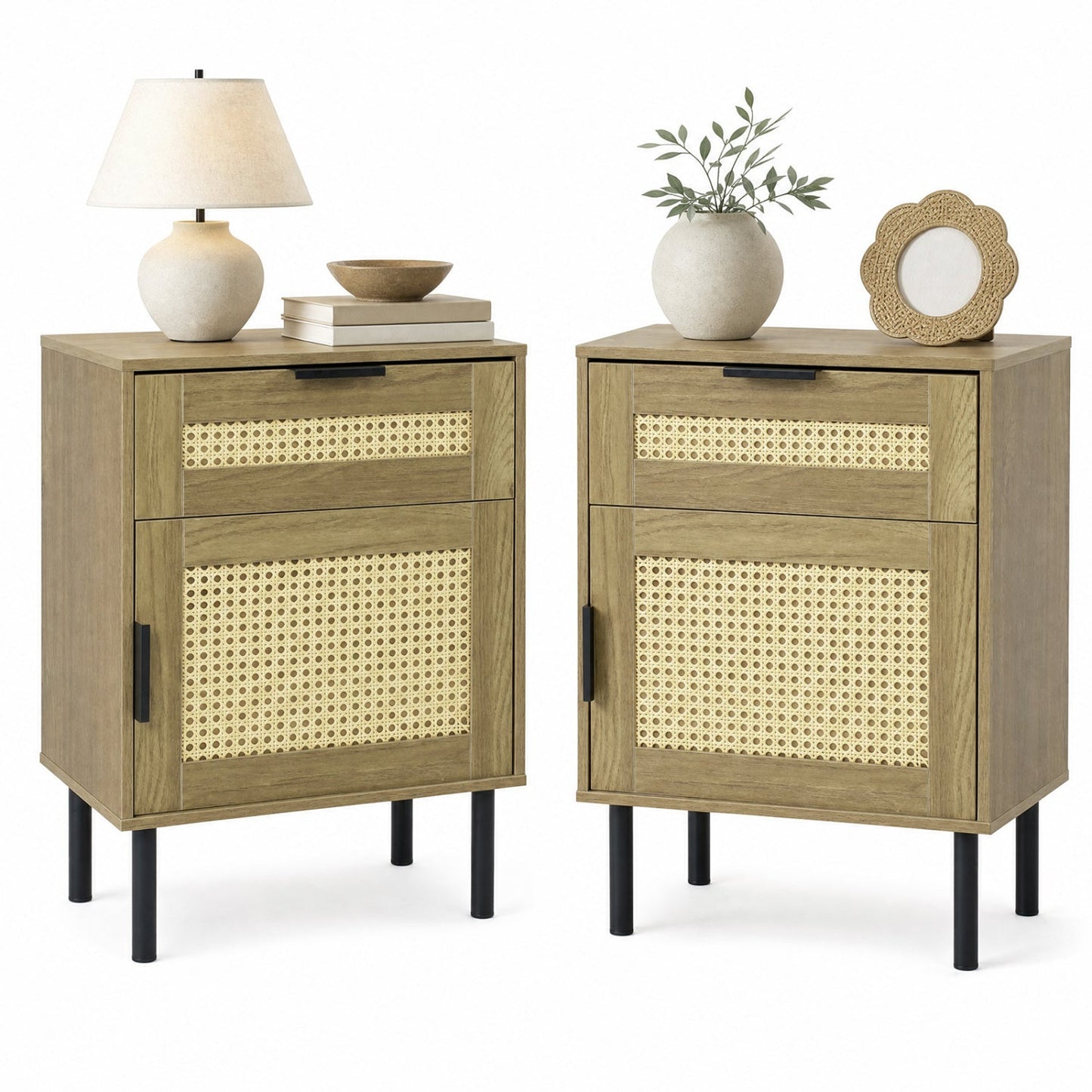 Rattan Nightstands set of 2 in wood finish with cane-front panels and black pulls on slim legs on Tampa Home & Garden Store
