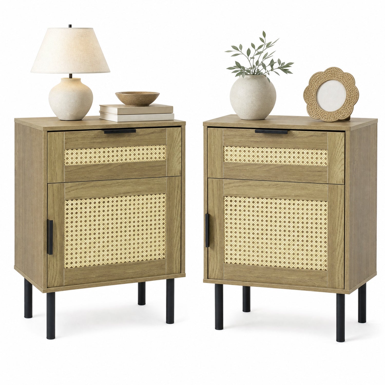 Rattan Nightstands set of 2 in wood finish with cane-front panels and black pulls on slim legs on Tampa Home & Garden Store