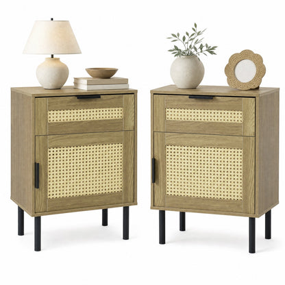 Rattan Nightstands set of 2 in wood finish with cane-front panels and black pulls on slim legs on Tampa Home & Garden Store