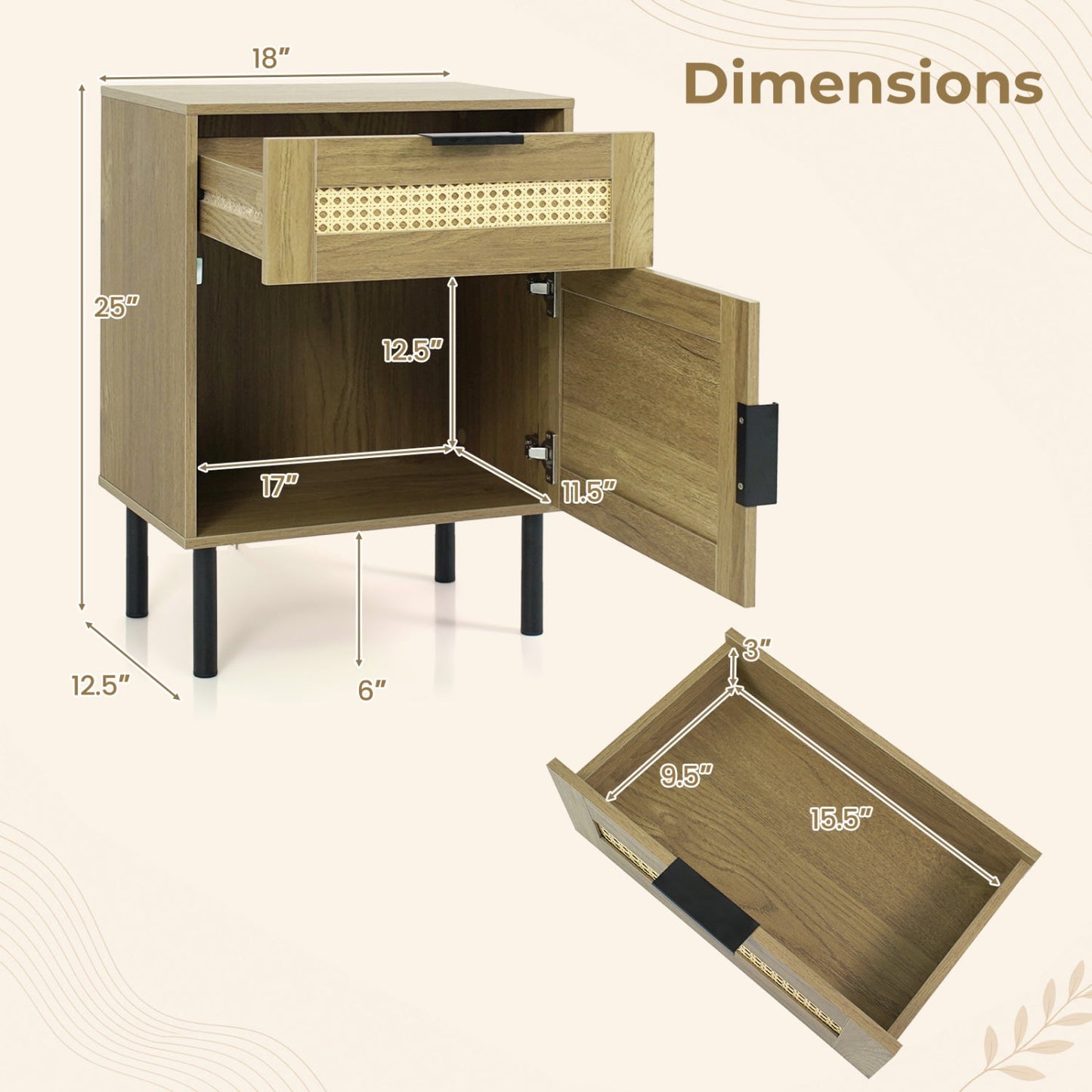 Rattan nightstands set of 2 by DirectDeals with oak finish, cane-front drawer and cabinet storage on Tampa Home & Garden Store