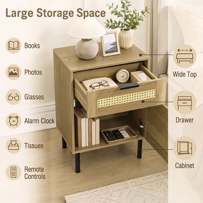 DirectDeals rattan nightstands set of 2 with drawer and storage cabinet, warm wood finish on Tampa Home & Garden Store