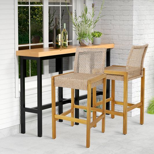 Set of 2 Rattan Patio Wood Barstools Dining Chairs with Backrest-Set of 2 - Tampa Home & Garden Store