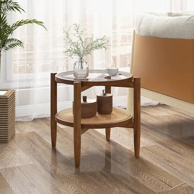 Round Rattan Side Table Set with Glass Top