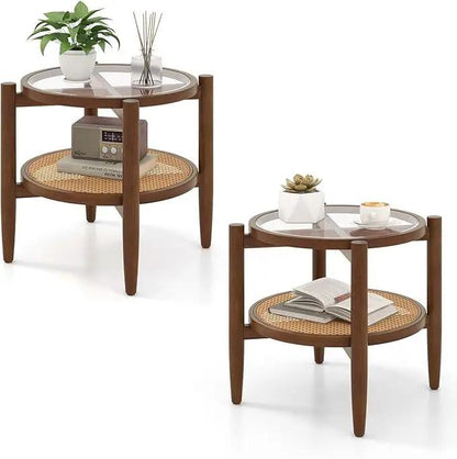 Round Rattan Side Table Set with Glass Top