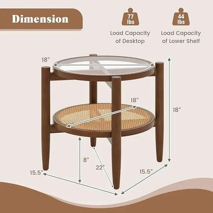 Round Rattan Side Table Set with Glass Top
