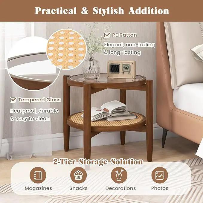 Round Rattan Side Table Set with Glass Top