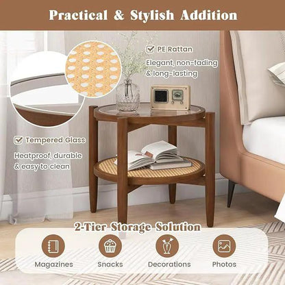 Round Rattan Side Table Set with Glass Top