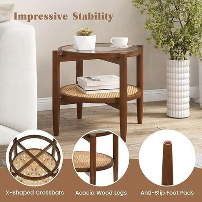 Round Rattan Side Table Set with Glass Top
