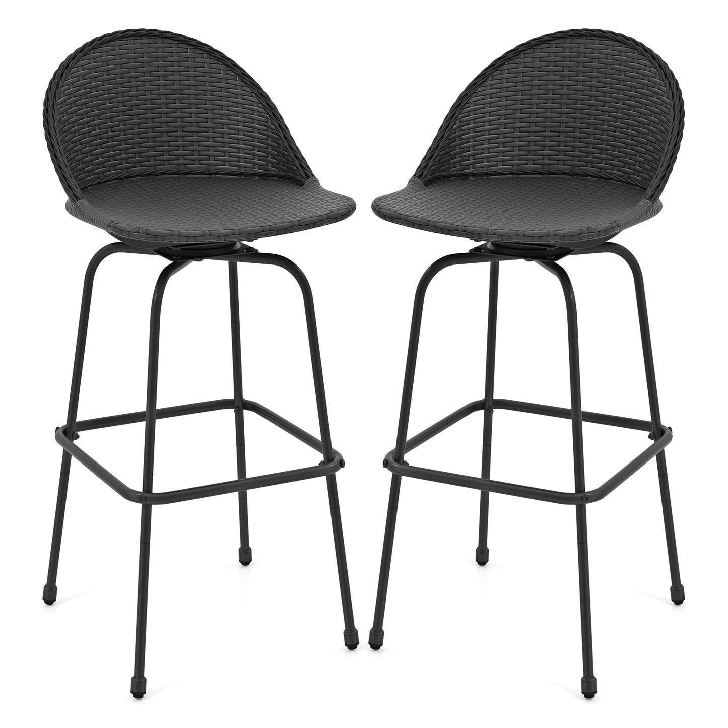 Set of 2 Rattan Swivel Barstools with Curved Back-Black