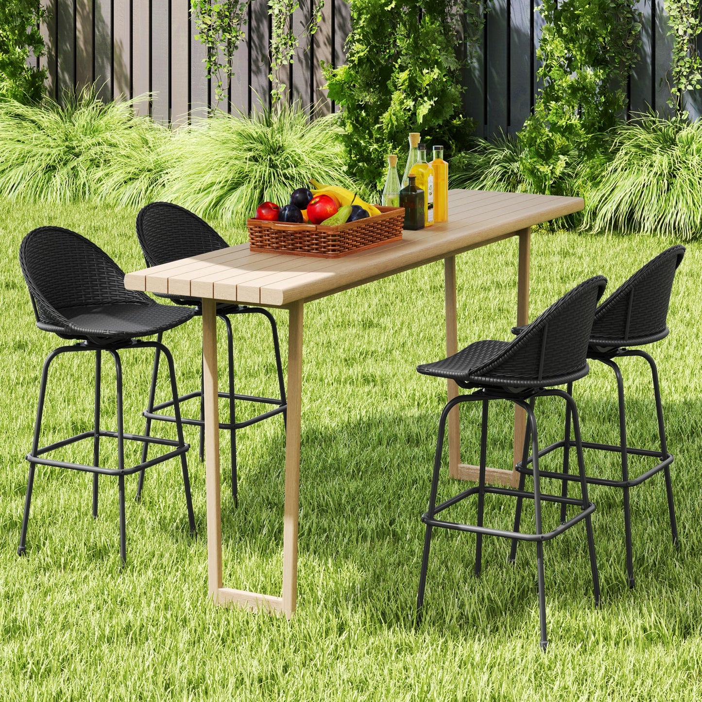 Set of 2 Rattan Swivel Barstools with Curved Back-Black