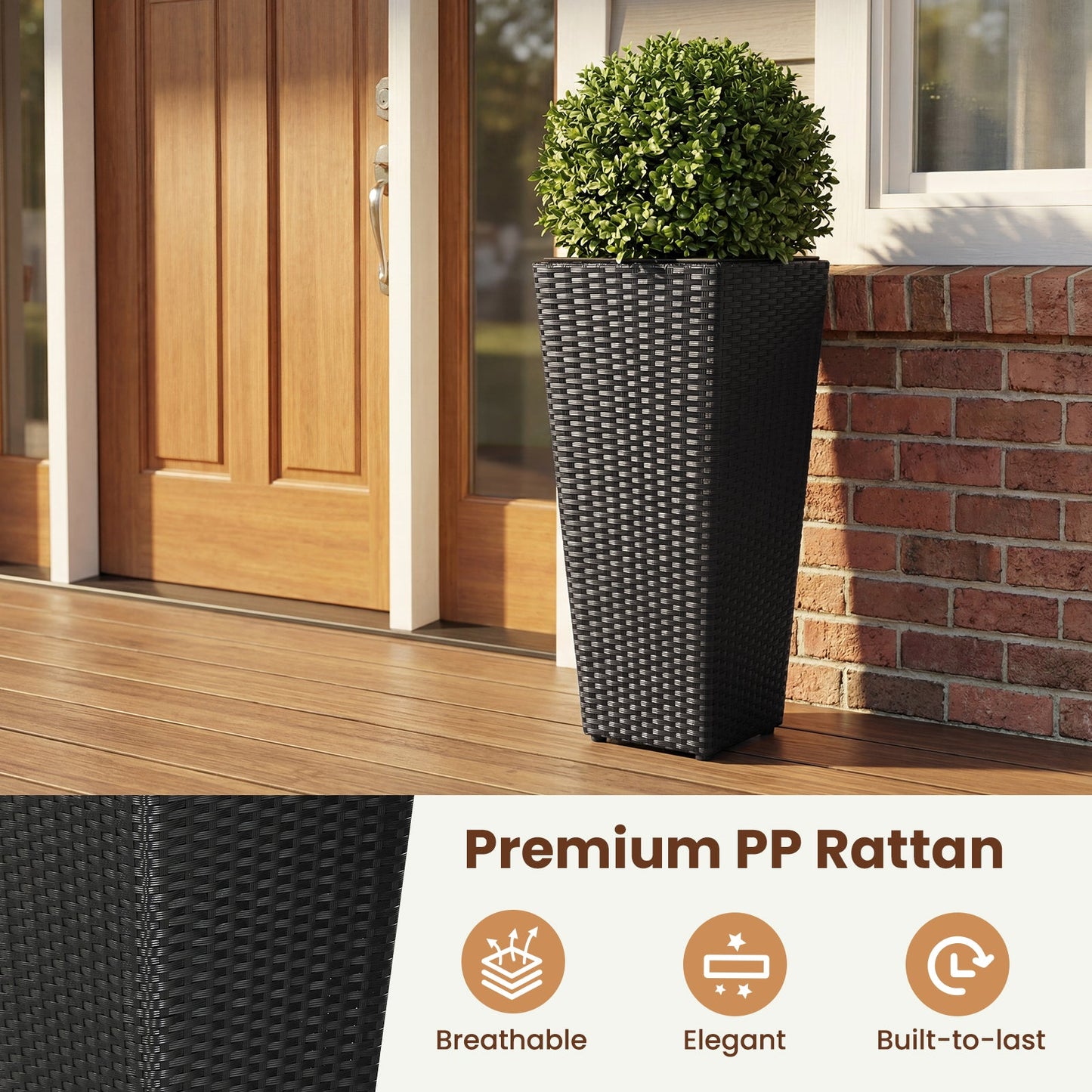 Set of 2 black rattan tall plant pots with detachable plastic liners on a porch on Tampa Home & Garden Store