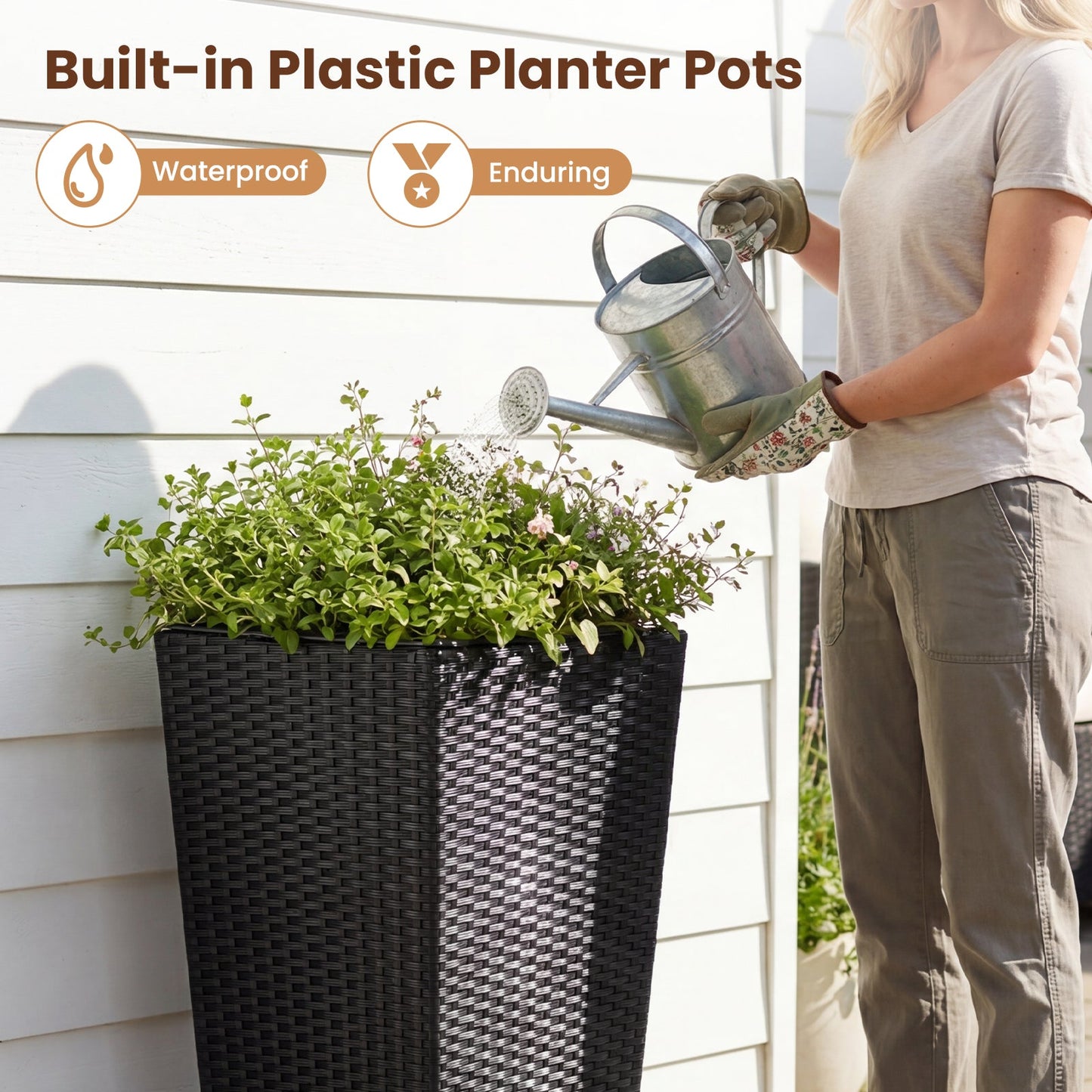 Tall black rattan plant pot with detachable liners, woven texture on Tampa Home & Garden Store