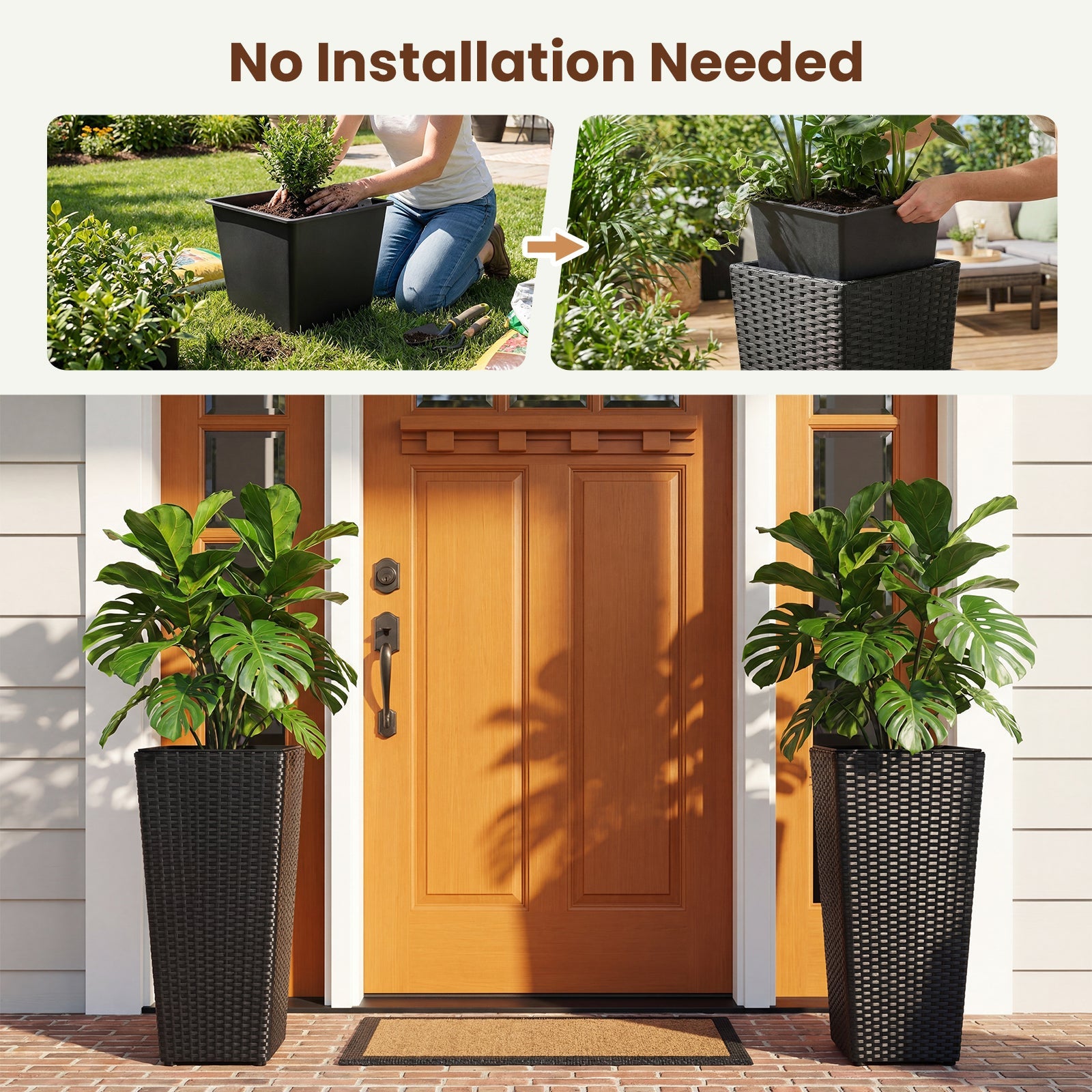 Set of 2 DirectDeals black rattan tall plant pots with detachable plastic liners on Tampa Home & Garden Store