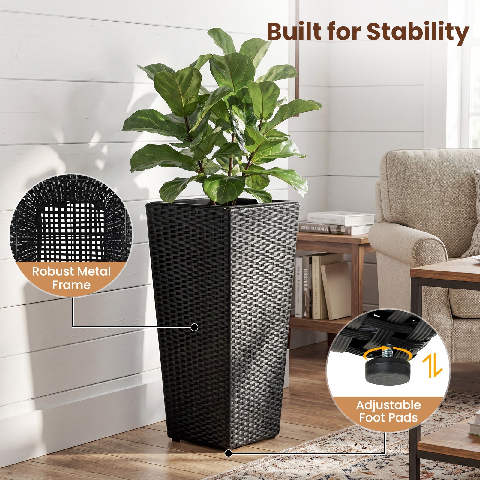 Set of 2 black rattan tall plant pots with detachable liners by DirectDeals on Tampa Home & Garden Store