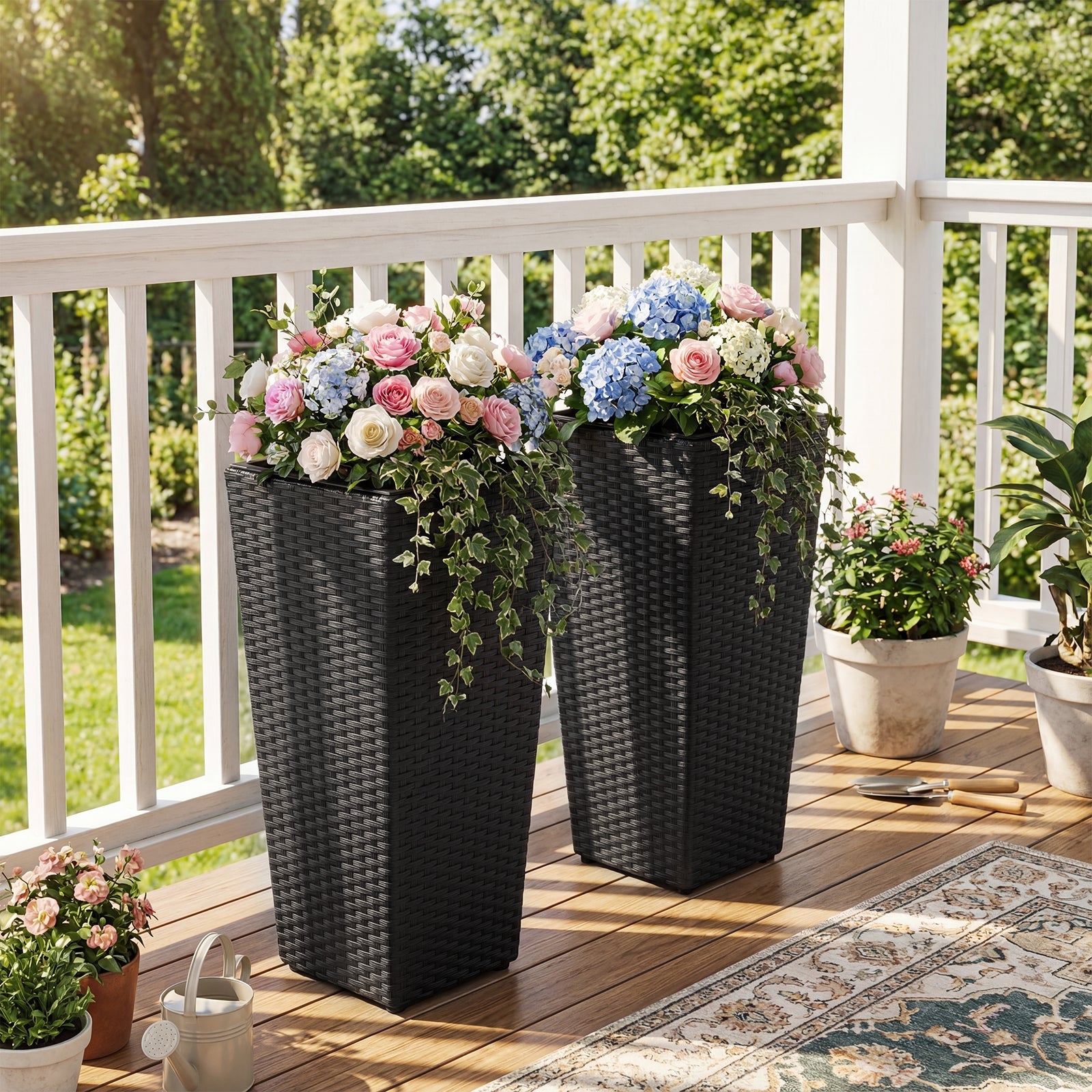 Set of 2 black rattan tall plant pots with detachable plastic liners, pink roses and blue hydrangeas on Tampa Home & Garden Store