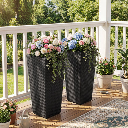 Set of 2 black rattan tall plant pots with detachable plastic liners, pink roses and blue hydrangeas on Tampa Home & Garden Store