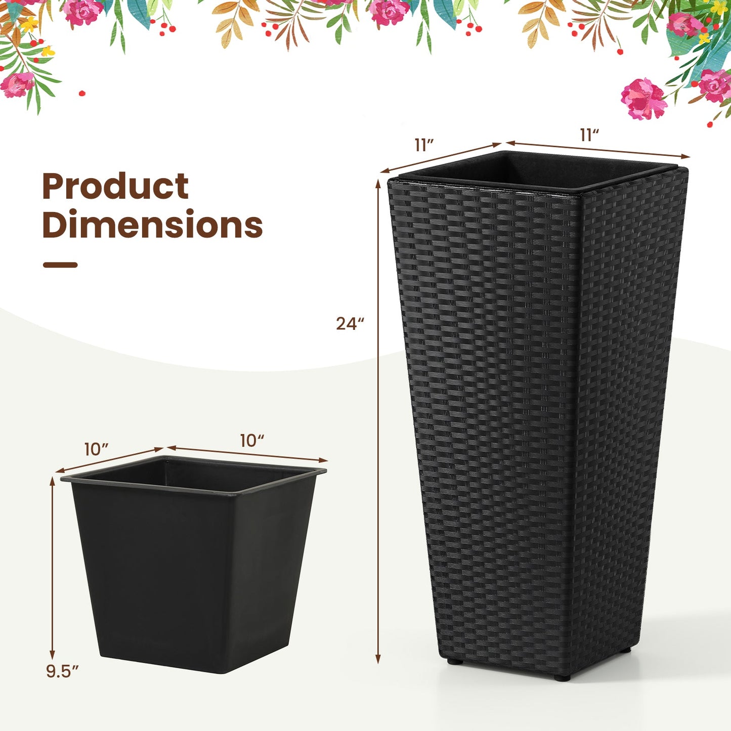 Set of 2 black rattan plant pots with detachable liners; tall 24in, 10in wide pot DirectDeals on Tampa Home & Garden Store