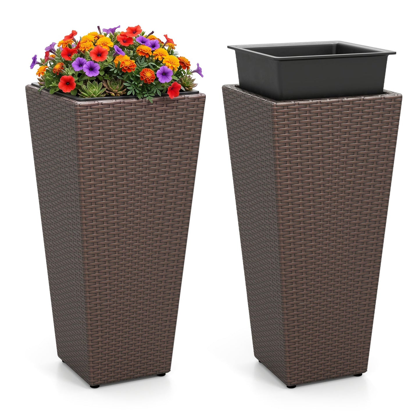 Tall rattan plant pots with liners, brown wicker, DirectDeals planter set of 2 on Tampa Home & Garden Store