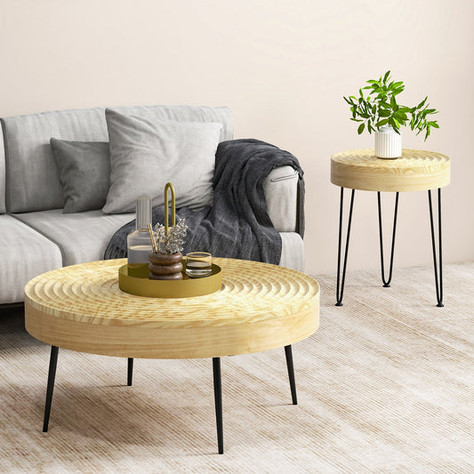 Set of 2 Solid Wood Farmhouse Round Coffee Tables-Natural - Tampa Home & Garden Store