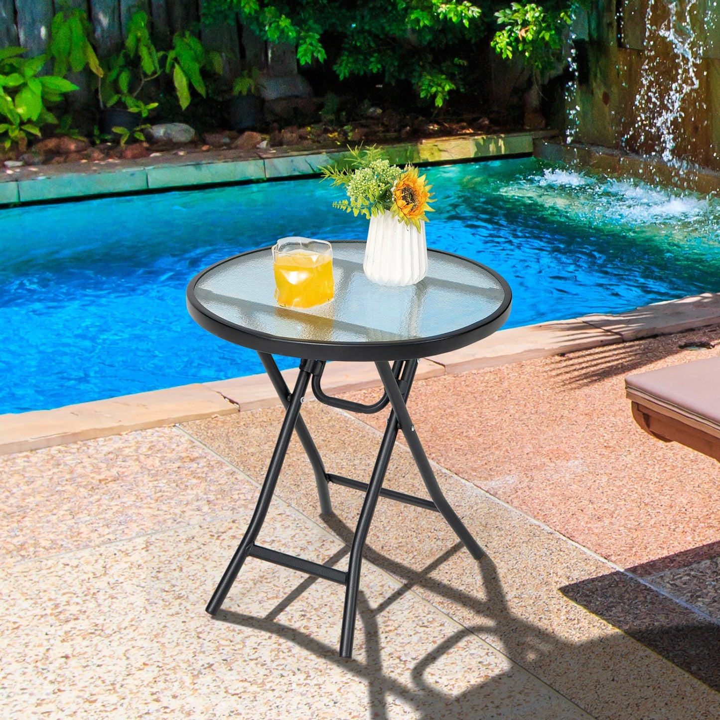 Round folding patio side table with tempered glass top, black metal frame DirectDeals on Tampa Home & Garden Store