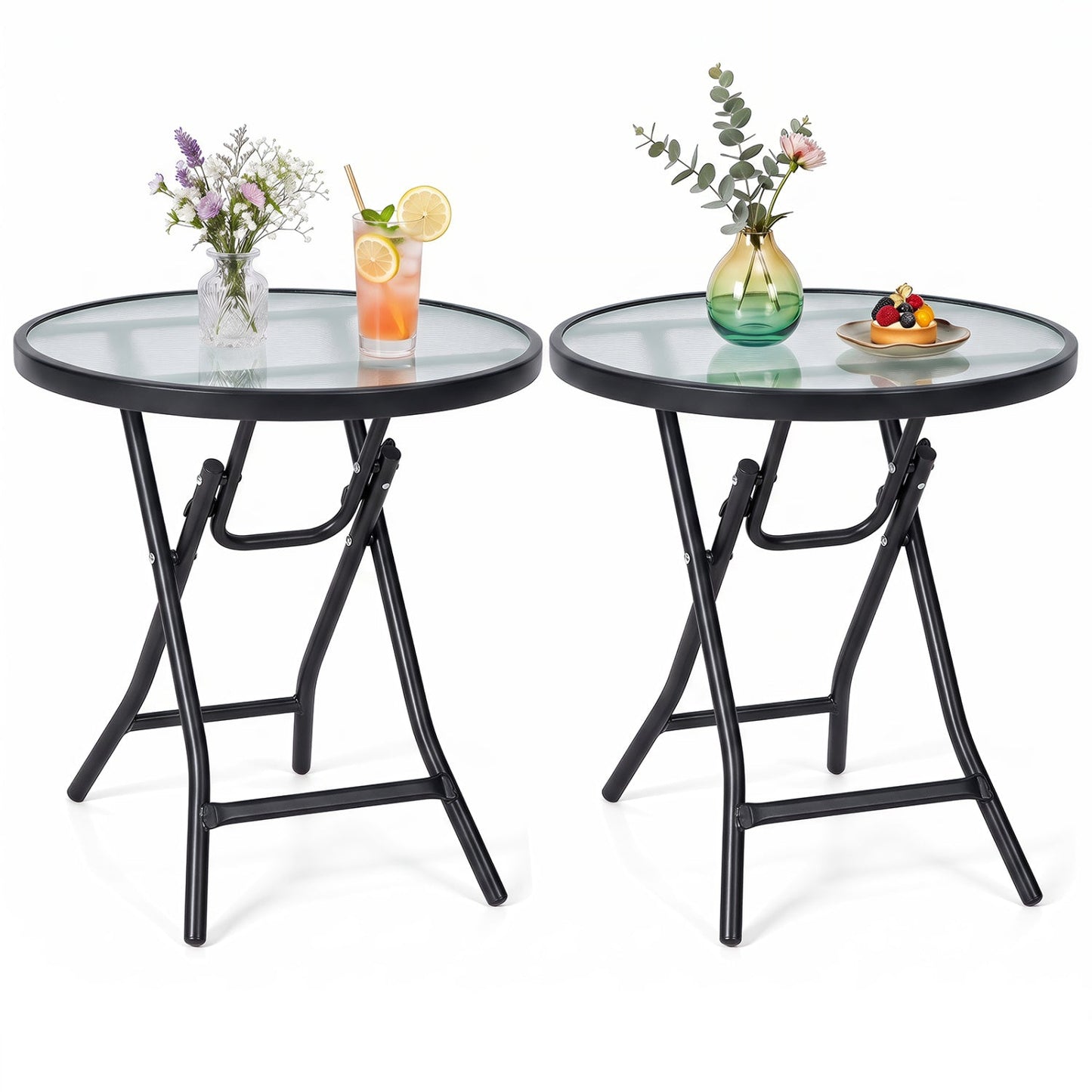 Round folding patio side tables two by DirectDeals with tempered glass tops and black frames on Tampa Home & Garden Store