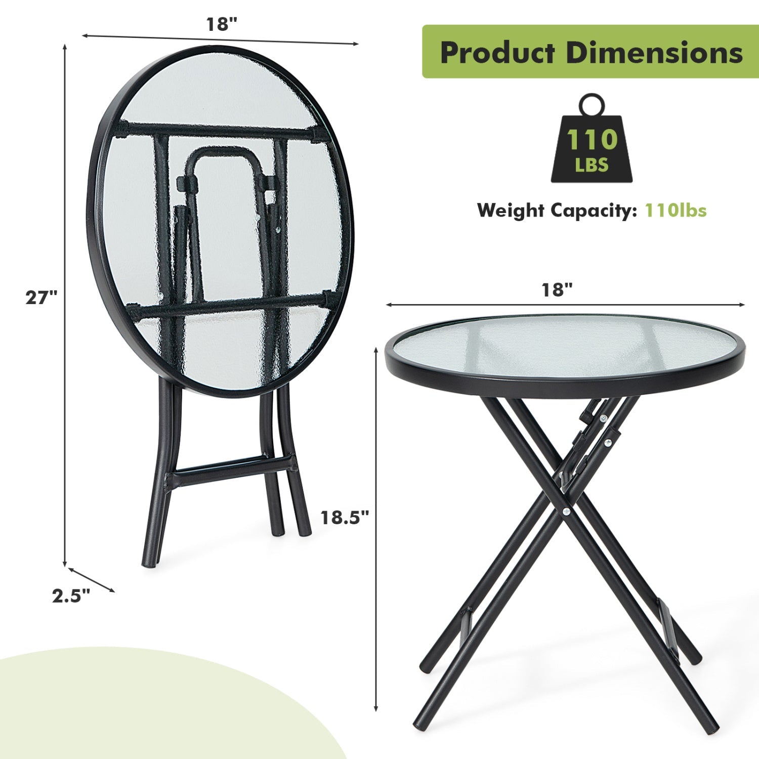 Round Folding Patio Side Table with Tempered Glass Top, black frame, DirectDeals on Tampa Home & Garden Store