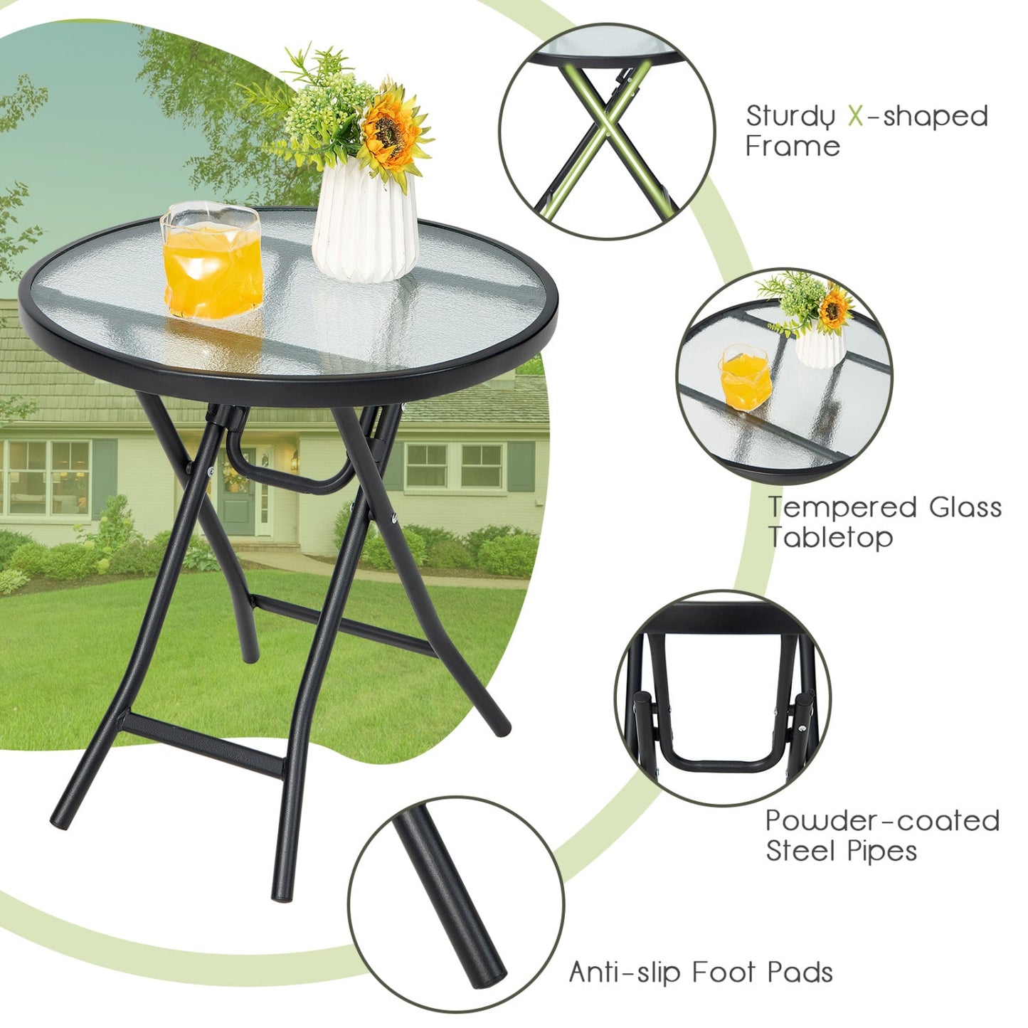 Round Folding Patio Side Table DirectDeals with tempered glass top on Tampa Home & Garden Store