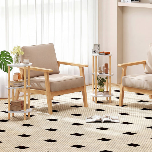 Set of 2 Round Side Table Compact with 3-Tier Shelves and Bamboo Construction-White - Tampa Home & Garden Store