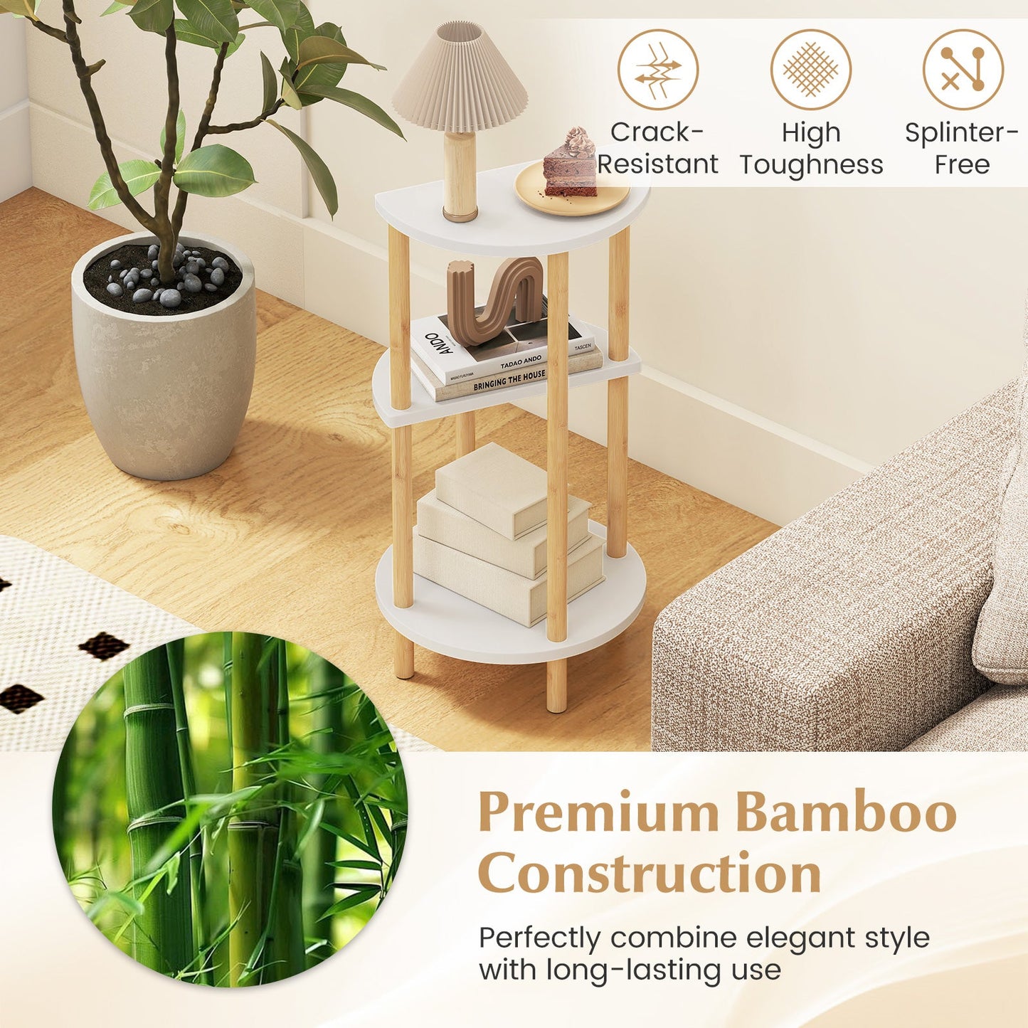 Set of 2 Round Side Table Compact with 3-Tier Shelves and Bamboo Construction-White