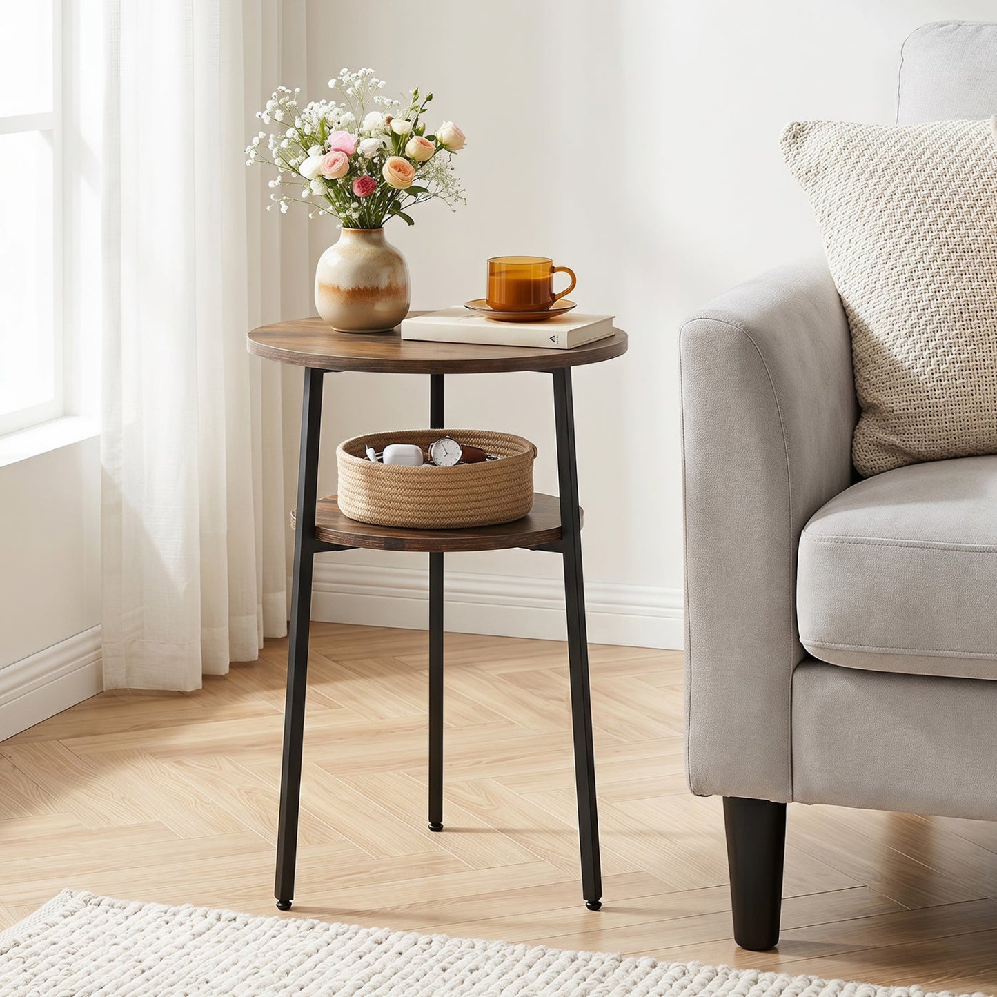 Round side table with storage shelf in rustic brown, DirectDeals, black metal legs on Tampa Home & Garden Store