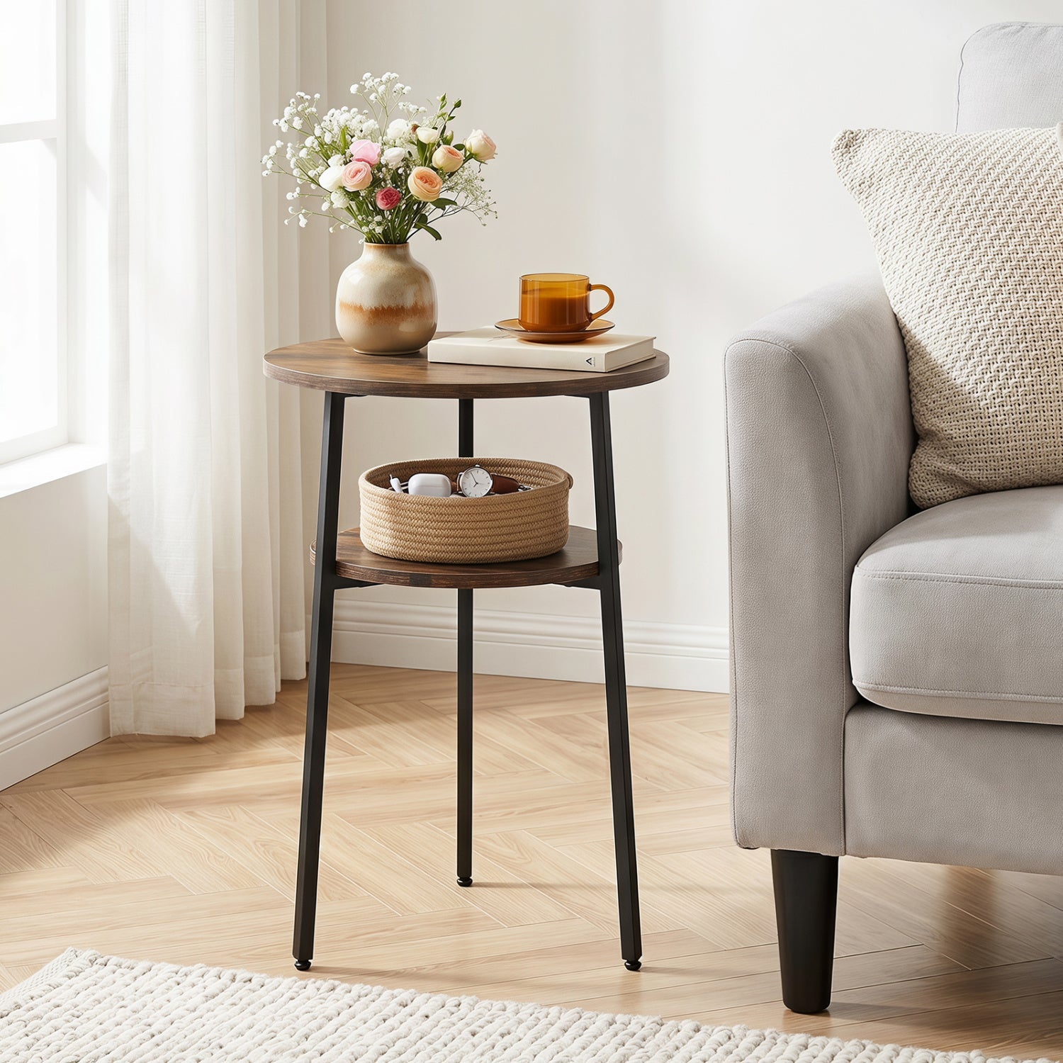 Round side table with storage shelf in rustic brown, DirectDeals, black metal legs on Tampa Home & Garden Store