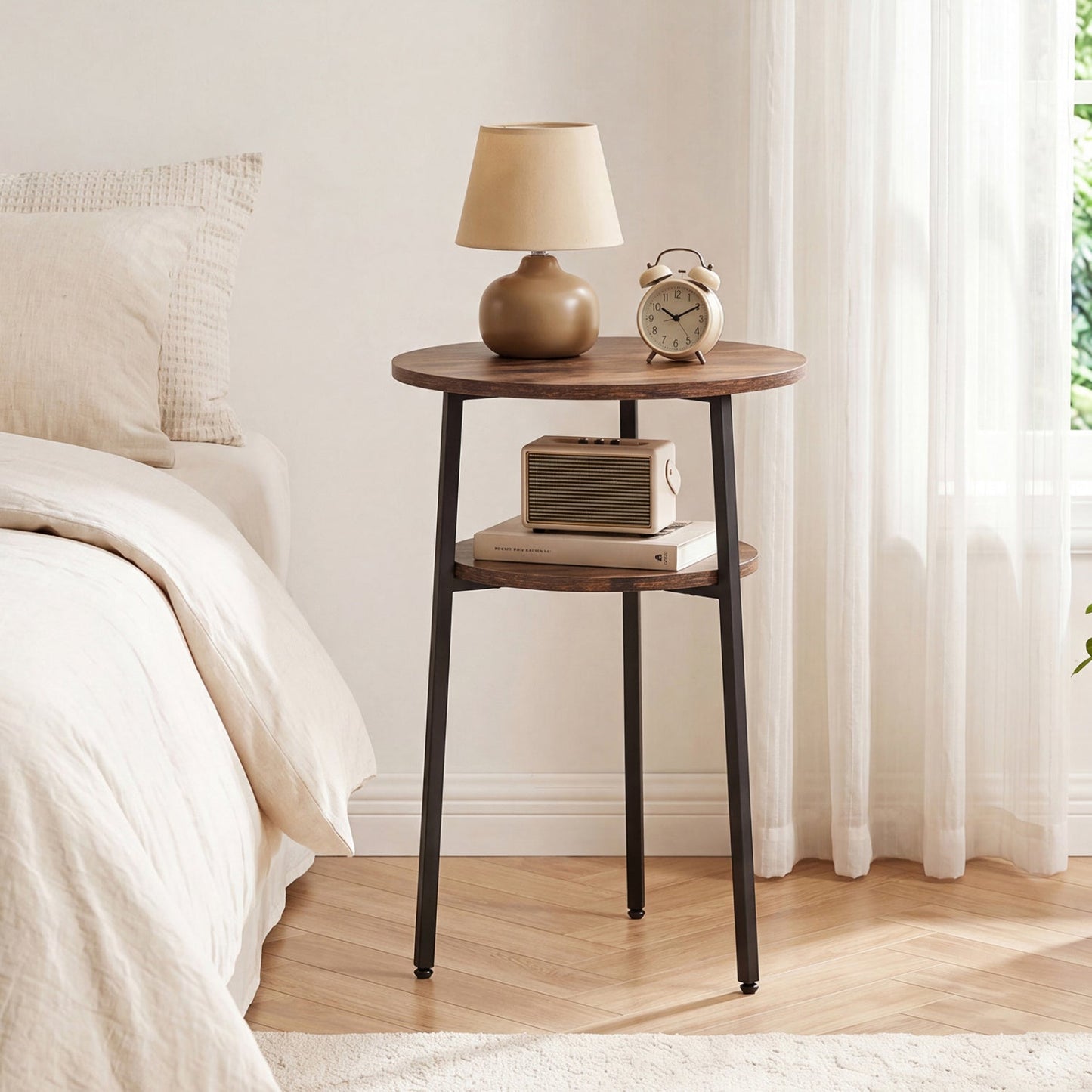 Round side table with storage shelf in rustic brown top and black metal legs by DirectDeals on Tampa Home & Garden Store