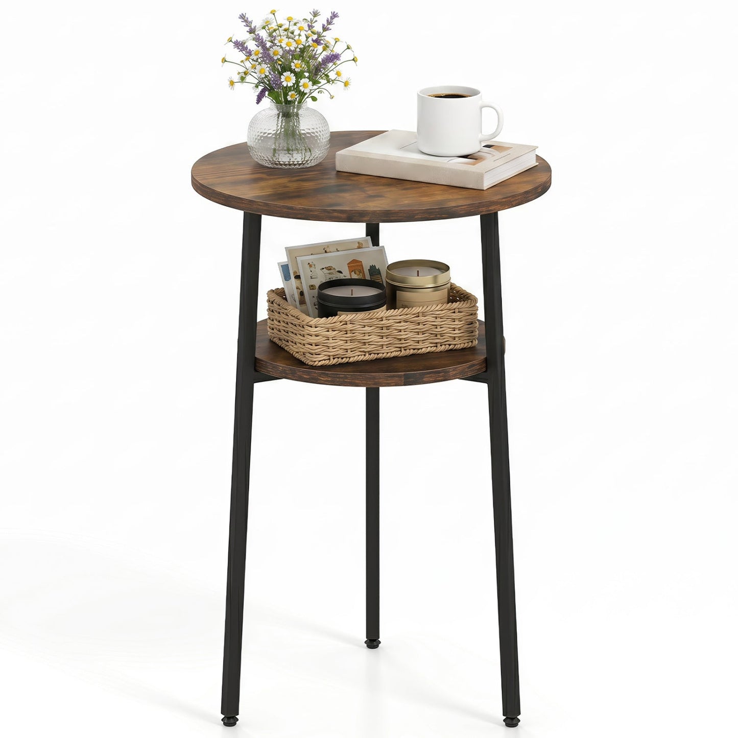 Round rustic brown side table with storage shelf and black legs; vase and mug on top on Tampa Home & Garden Store