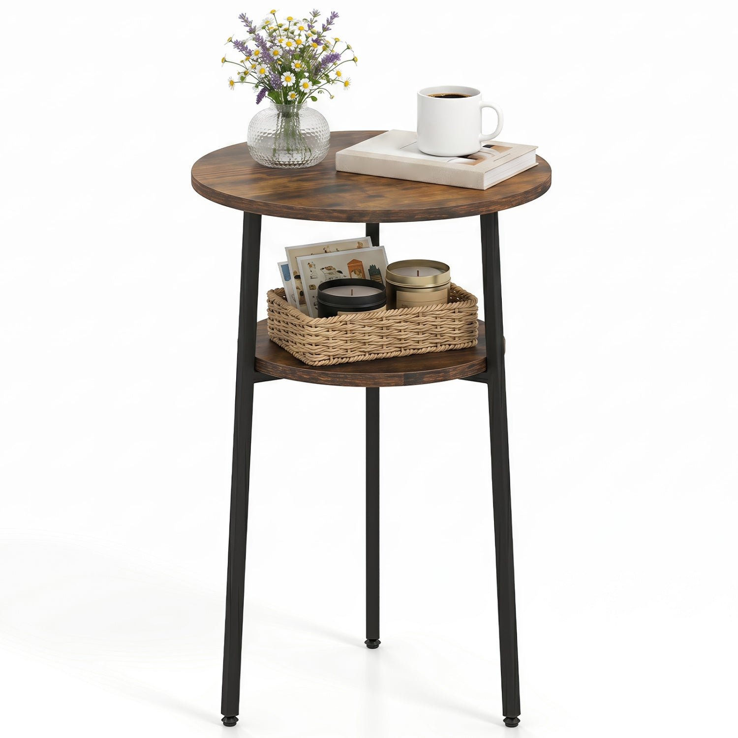 Round rustic brown side table with storage shelf and black legs; vase and mug on top on Tampa Home & Garden Store