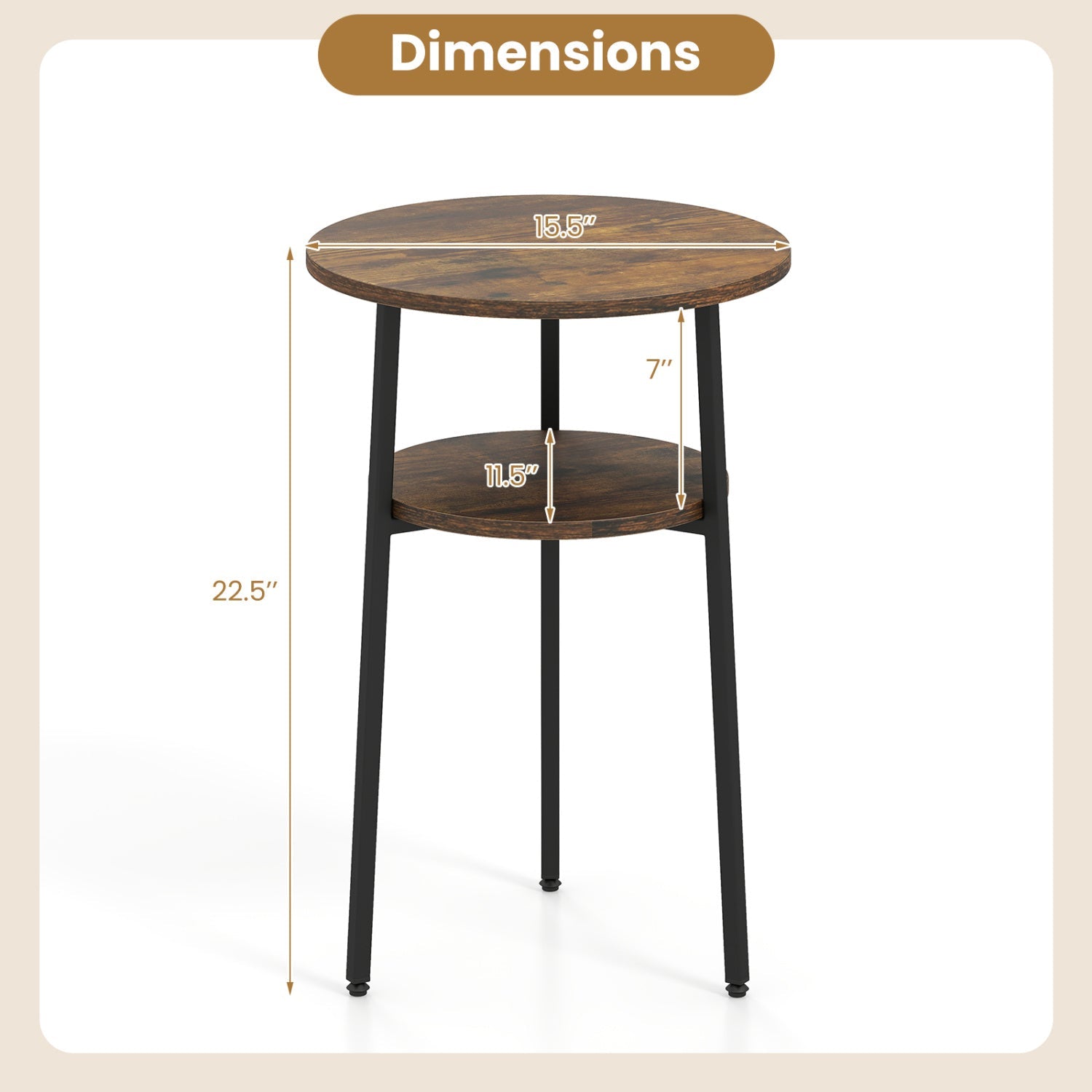 Round rustic brown wood top side table with black legs and shelf, 15.5 in top, 22.5 in tall on Tampa Home & Garden Store