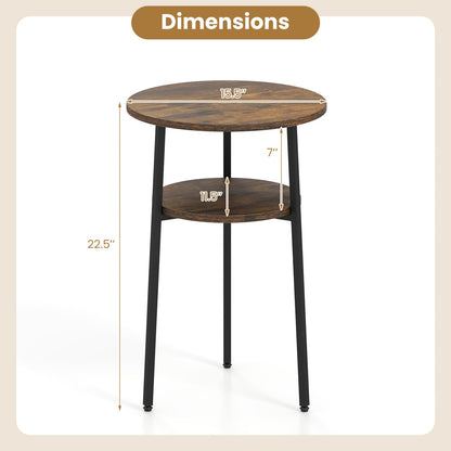Round rustic brown wood top side table with black legs and shelf, 15.5 in top, 22.5 in tall on Tampa Home & Garden Store