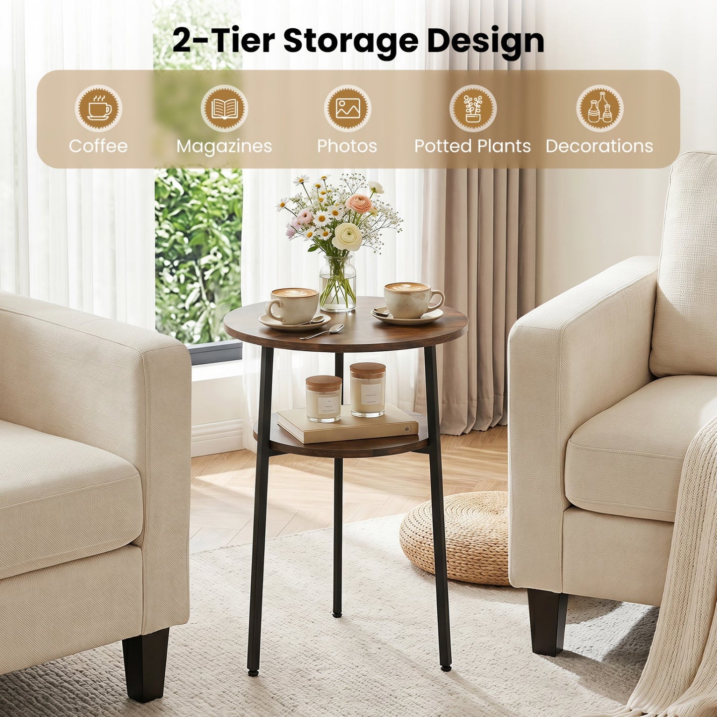 Round side table with storage shelf in rustic brown wood and metal legs by DirectDeals on Tampa Home & Garden Store