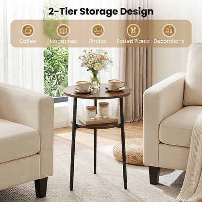 Round side table with storage shelf in rustic brown wood and metal legs by DirectDeals on Tampa Home & Garden Store