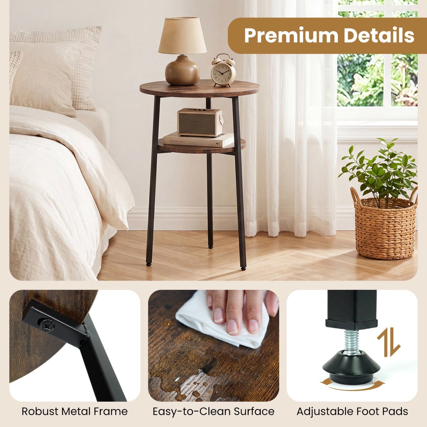 Round side table with storage shelf in rustic brown; wood top, black legs, lamp and clock on top on Tampa Home & Garden Store