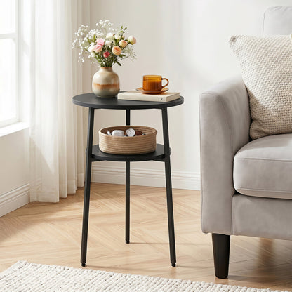 Round Side Table Set with Storage Shelf in dark finish; vase of flowers on top, orange cup on Tampa Home & Garden Store