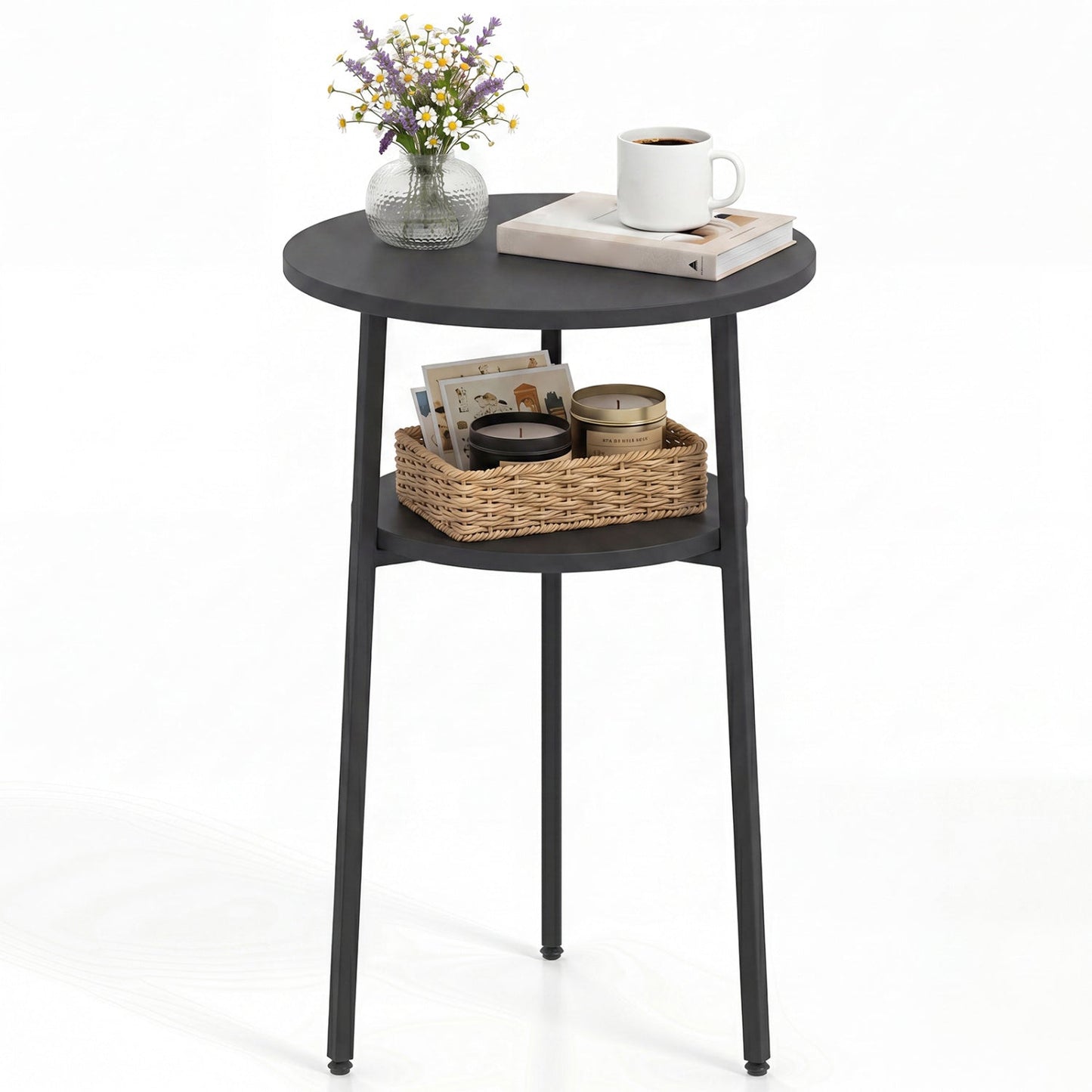 Round dark rustic brown side table with storage shelf featuring a vase, mug and wicker basket on Tampa Home & Garden Store