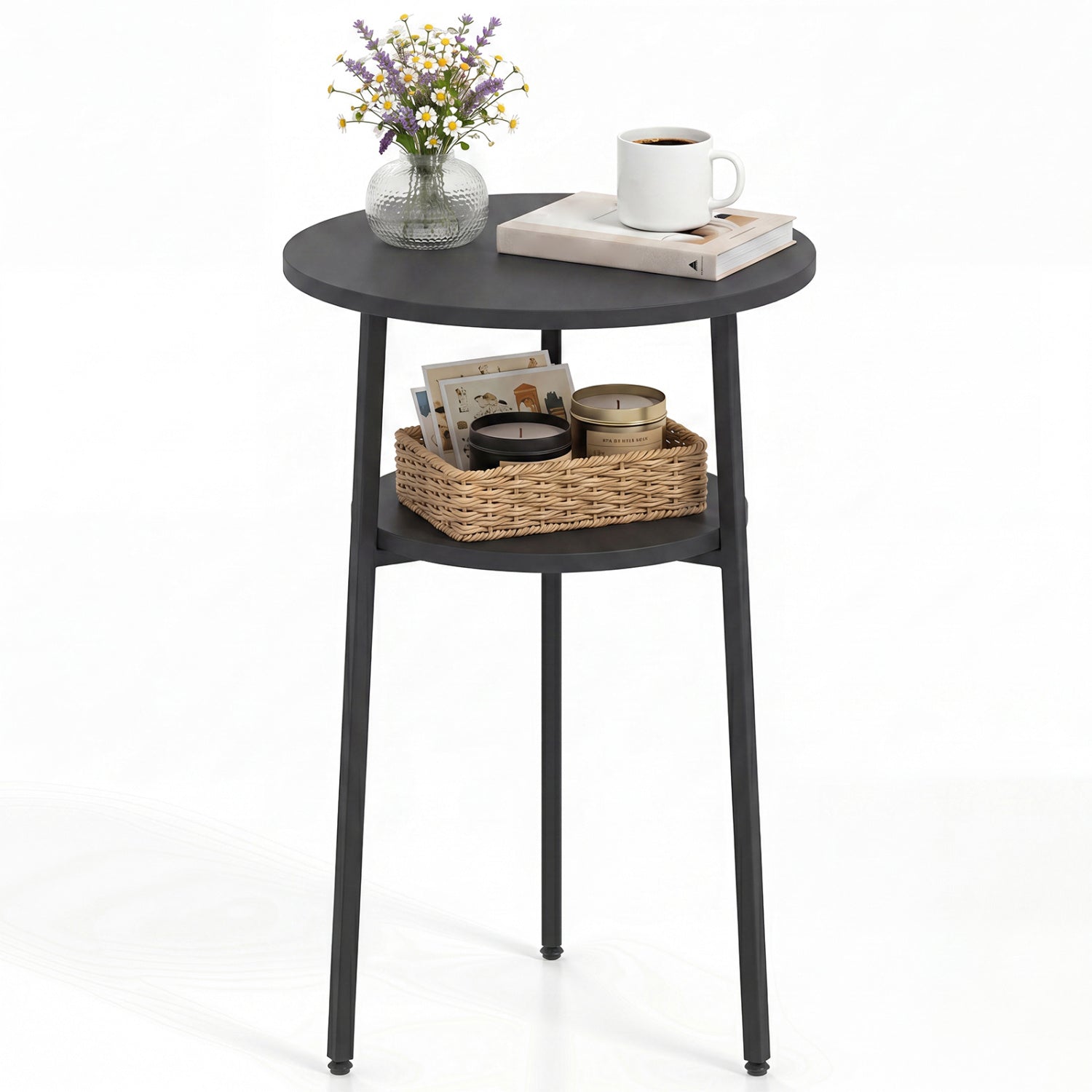 Round dark rustic brown side table with storage shelf featuring a vase, mug and wicker basket on Tampa Home & Garden Store