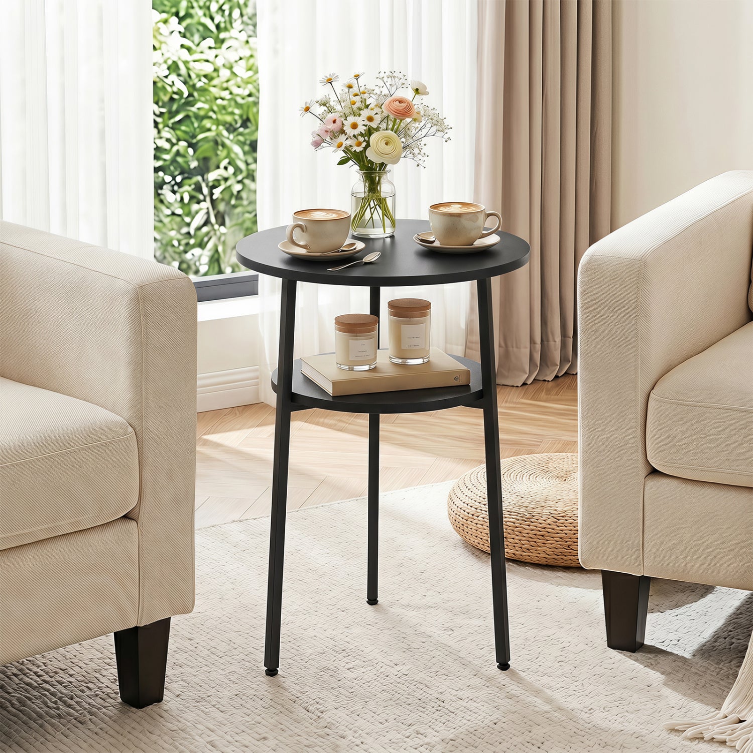 Round black side table with storage shelf by DirectDeals, two beige cups on top on Tampa Home & Garden Store