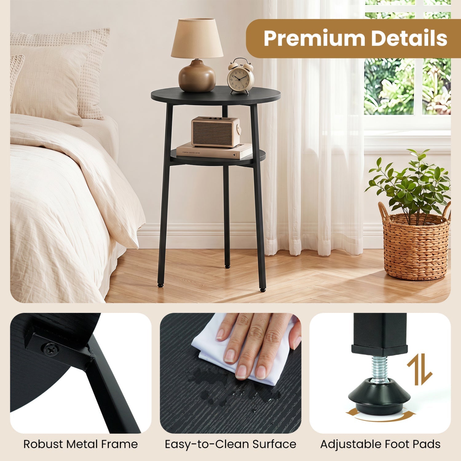 Round side table with storage shelf in dark finish and sleek metal frame by DirectDeals on Tampa Home & Garden Store