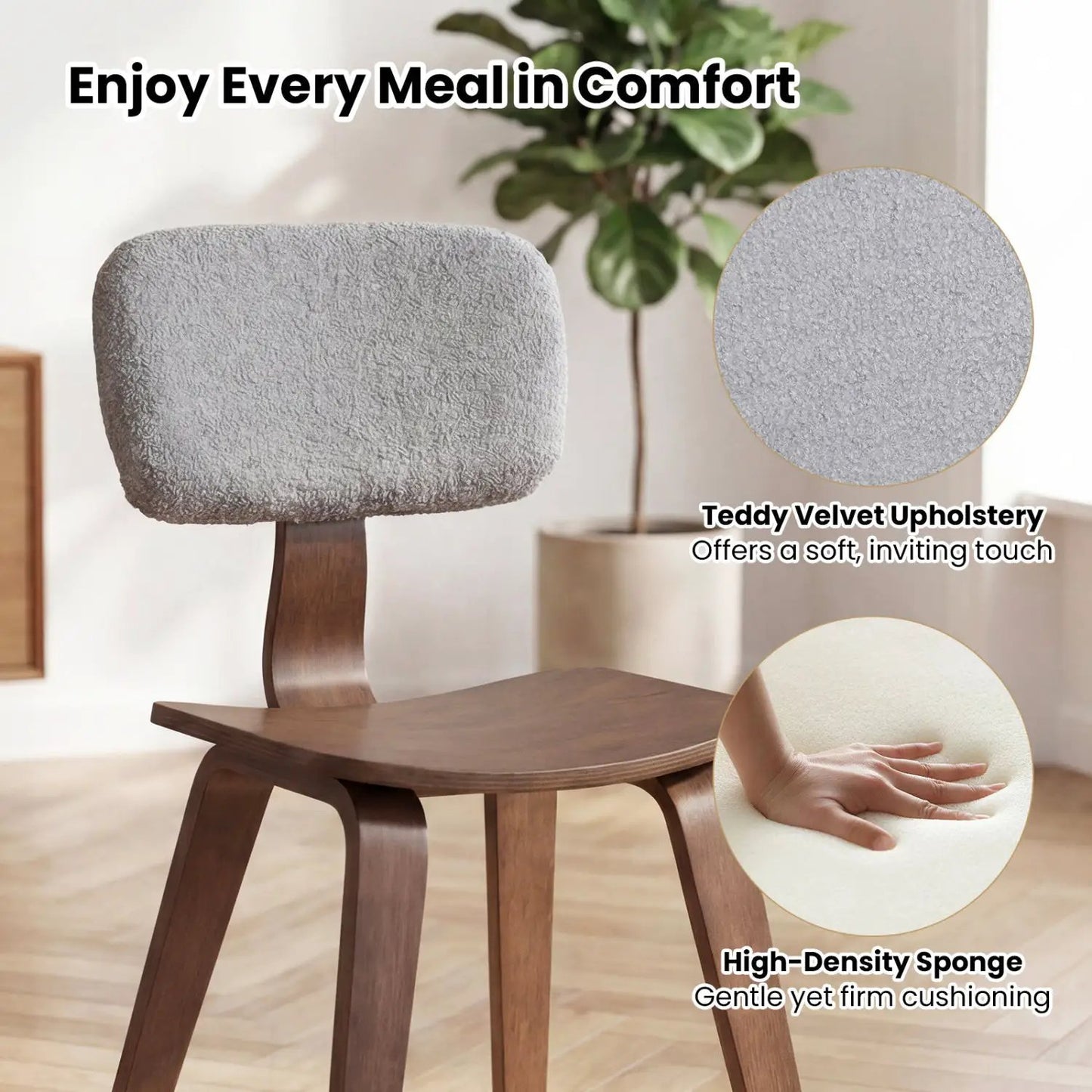 Set of 2 Rubber Wood Dining Room Chairs with Teddy Velvet Padded Backrest