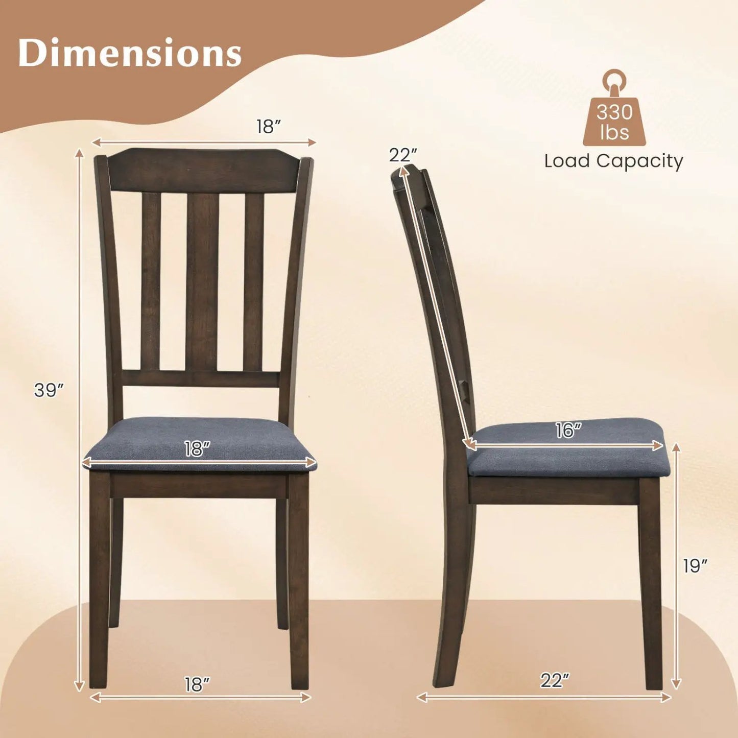 Set of 2 Rubber Wood Dining Chairs with Backrest